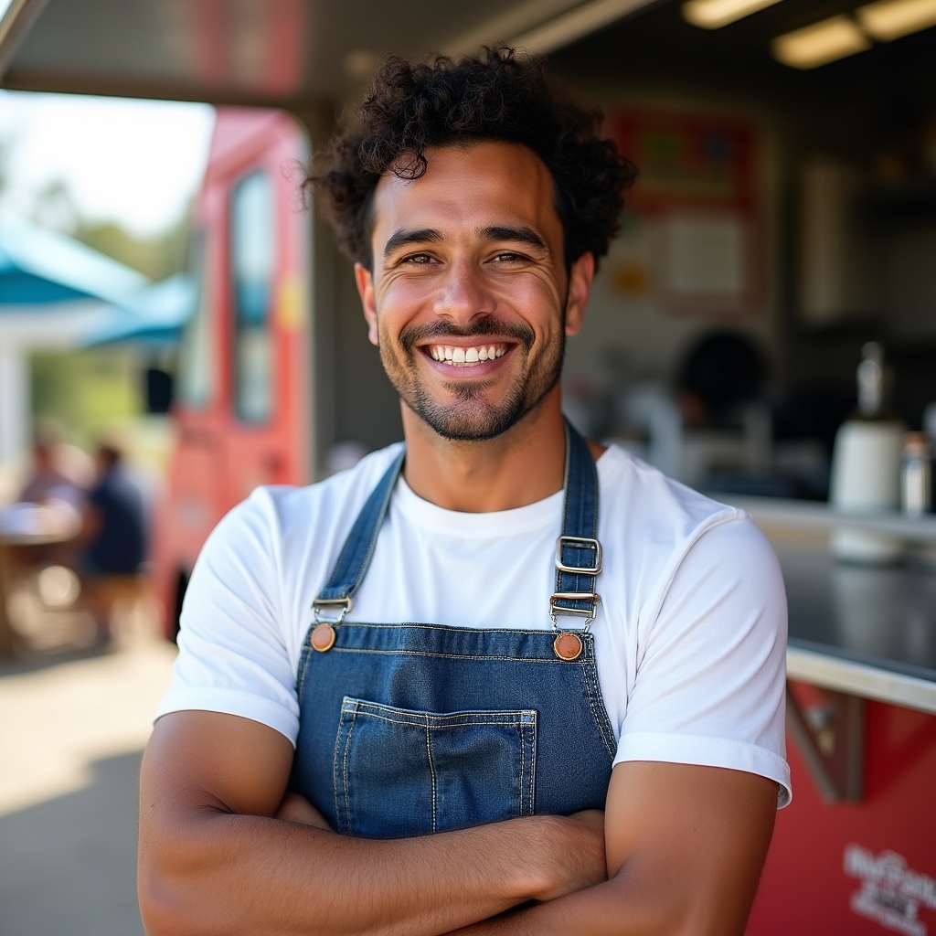 Retrato de Lucas Ferreyra, operador de food trucks, frente a una de sus unidades móviles