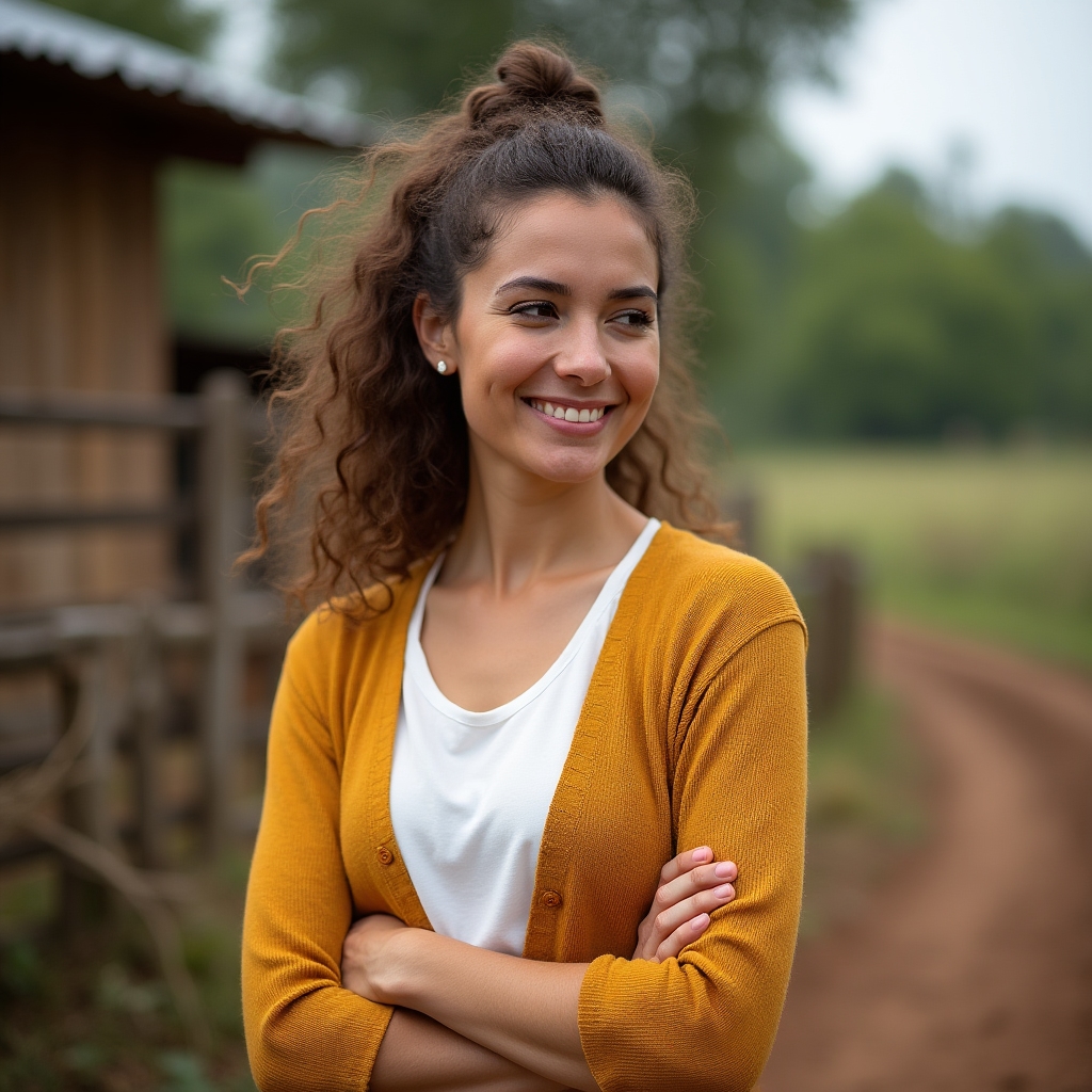 Retrato de Daniela Ocampo conversando con una productora en un espacio de trabajo rural