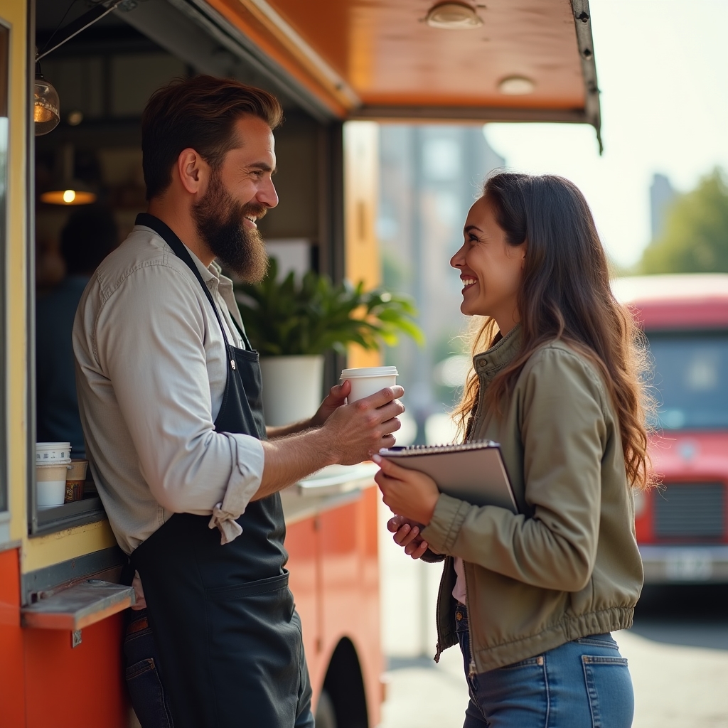 Operador de food truck conversando con un asistente frente a su unidad móvil de comida