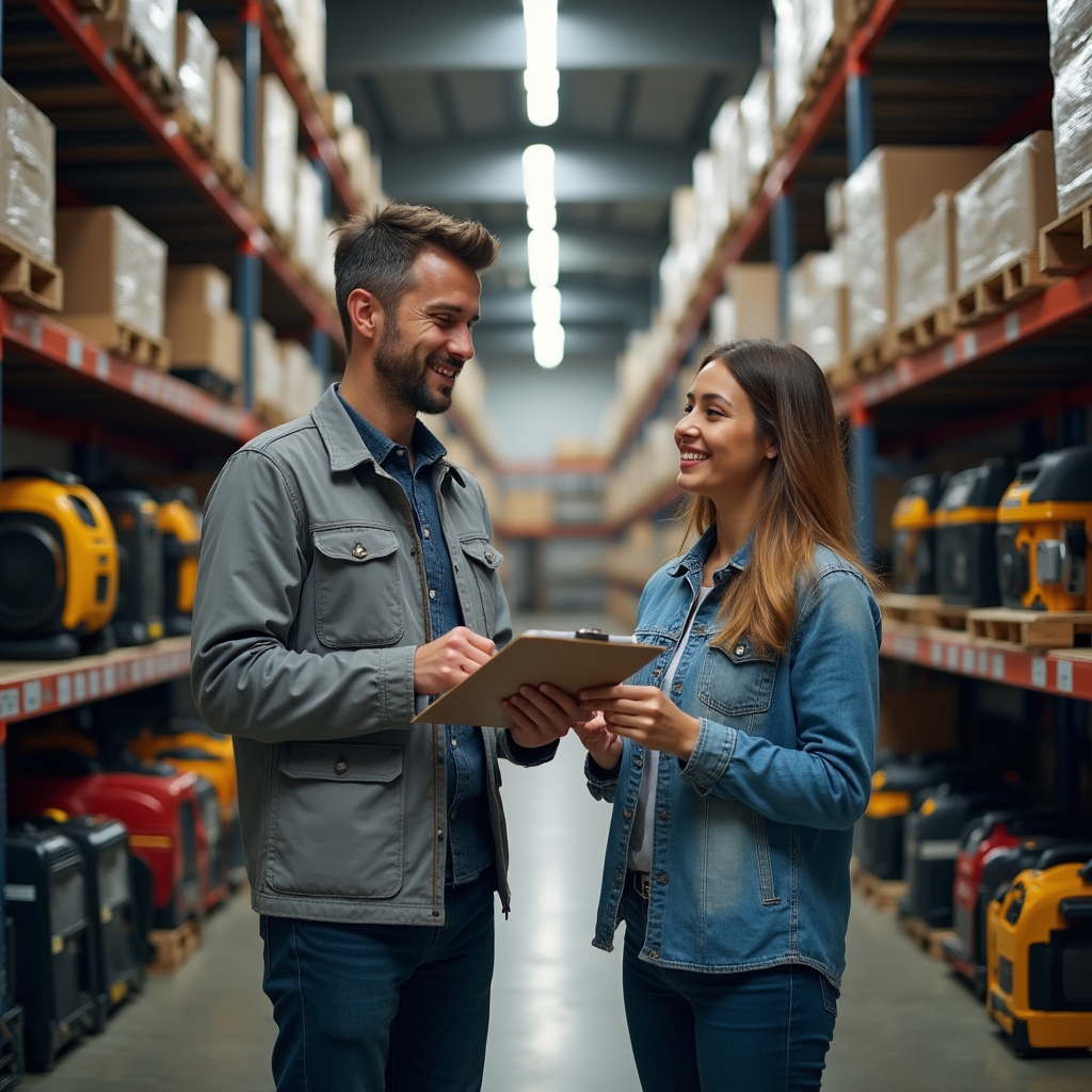 Dos emprendedores revisando un inventario de herramientas y equipos de alquiler en un depósito